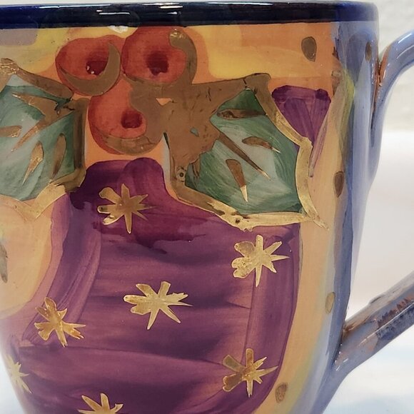 Starbucks Coffee Mug Hand Painted Italy Christmas Winter Holly Berry Stocking - Picture 2 of 7